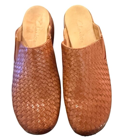 Clarks Leather Woven Clogs Brown Size 8M Leather Slip On Clog Mule Basketweave - Picture 4 of 7